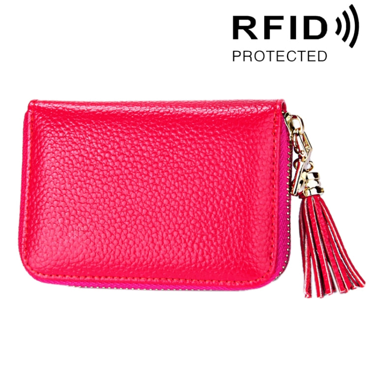 정품 소가죽 단색 지퍼 카드 홀더 지갑 RFID 차단 카드 가방 보호 케이스 동전 지갑 태슬 펜던트 및 15개 카드 슬롯 포함 여성용, 사이즈: 11.1*7.6*3.5cm