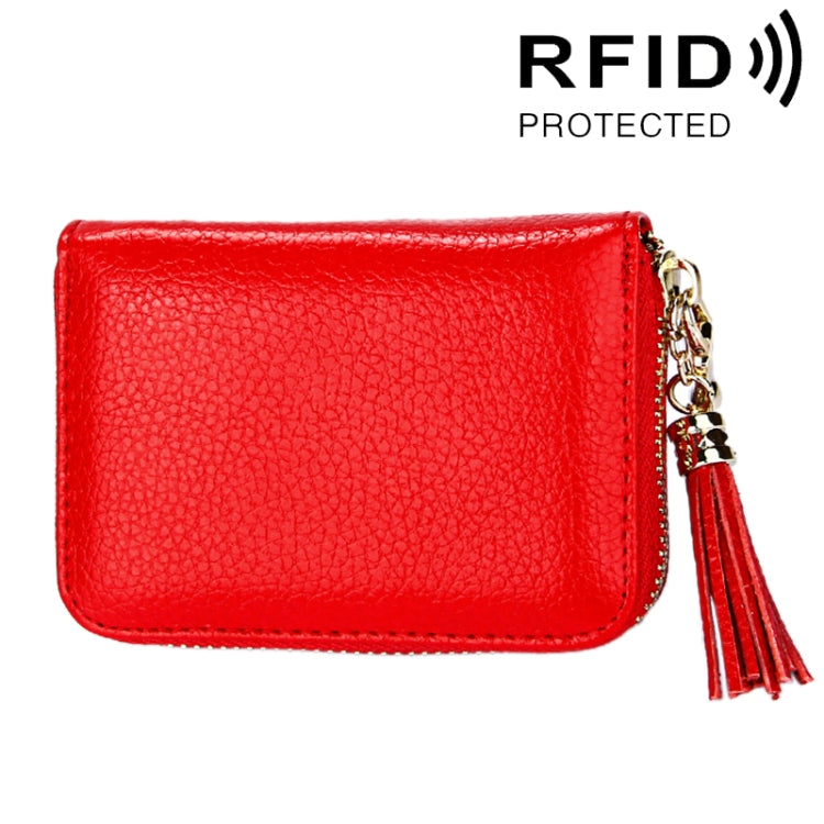 정품 소가죽 단색 지퍼 카드 홀더 지갑 RFID 차단 카드 가방 보호 케이스 동전 지갑 태슬 펜던트 및 15개 카드 슬롯 포함 여성용, 사이즈: 11.1*7.6*3.5cm