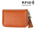 정품 소가죽 단색 지퍼 카드 홀더 지갑 RFID 차단 카드 가방 보호 케이스 동전 지갑 태슬 펜던트 및 15개 카드 슬롯 포함 여성용, 사이즈: 11.1*7.6*3.5cm