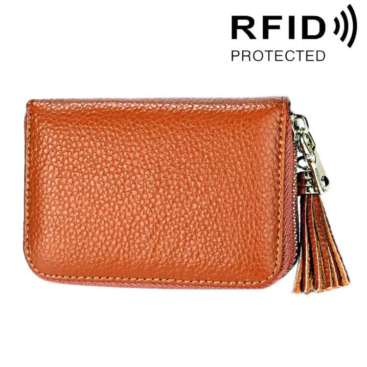 정품 소가죽 단색 지퍼 카드 홀더 지갑 RFID 차단 카드 가방 보호 케이스 동전 지갑 태슬 펜던트 및 15개 카드 슬롯 포함 여성용, 사이즈: 11.1*7.6*3.5cm