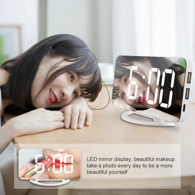 TS-8201-W 다기능 LED 메이크업 거울 탁상 시계 자동 광센서 전자 알람