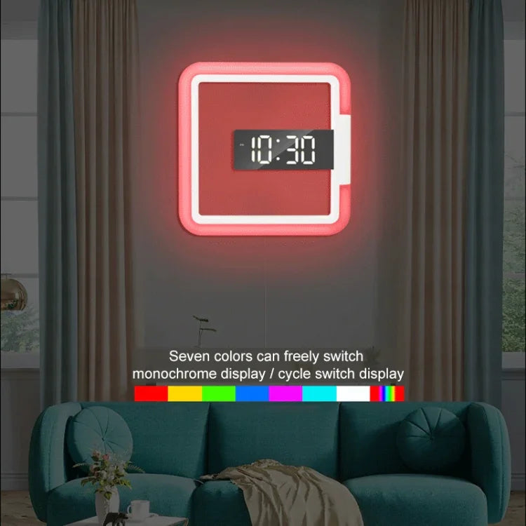 TS-S28-W 다기능 사각 RGB 온도계 디지털 알람 시계 LED 거울 속이 빈 벽 시계, RGB 온도계 시계