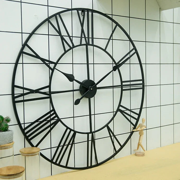 80cm 레트로 거실 철제 원형 로마 숫자 무음 장식 벽 시계, 80cm