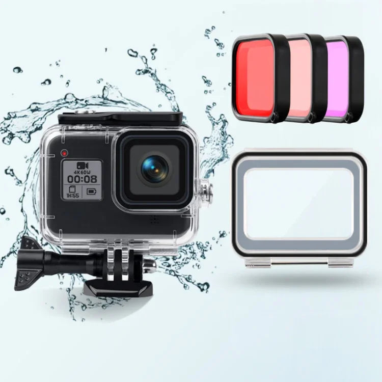 GoPro HERO8 Black용 45m 방수 케이스 + 터치 백 커버 + 퍼플 레드 핑크 렌즈 필터, GoPro 8용 케이스 + 터치 커버 + 3색 필터