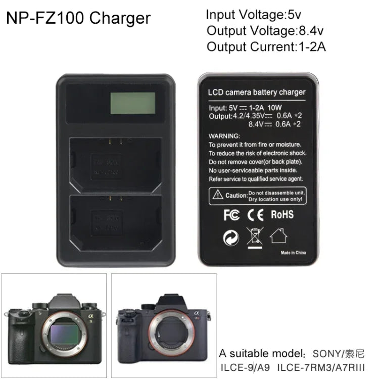 소니 NP-FZ100 배터리용 USB 포트가 있는 듀얼 채널 디지털 LCD 디스플레이 배터리 충전기, 소니 A9 (ILCE-9) 호환, 듀얼 NP-FZ100 배터리