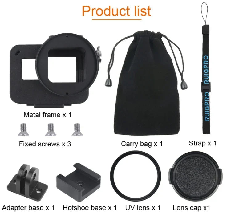 GoPro HERO7 Black /6 /5용 CNC 알루미늄 합금 보호 케이지 및 보험 프레임과 52mm UV 렌즈 하우징 쉘, 52mm UV 블랙
