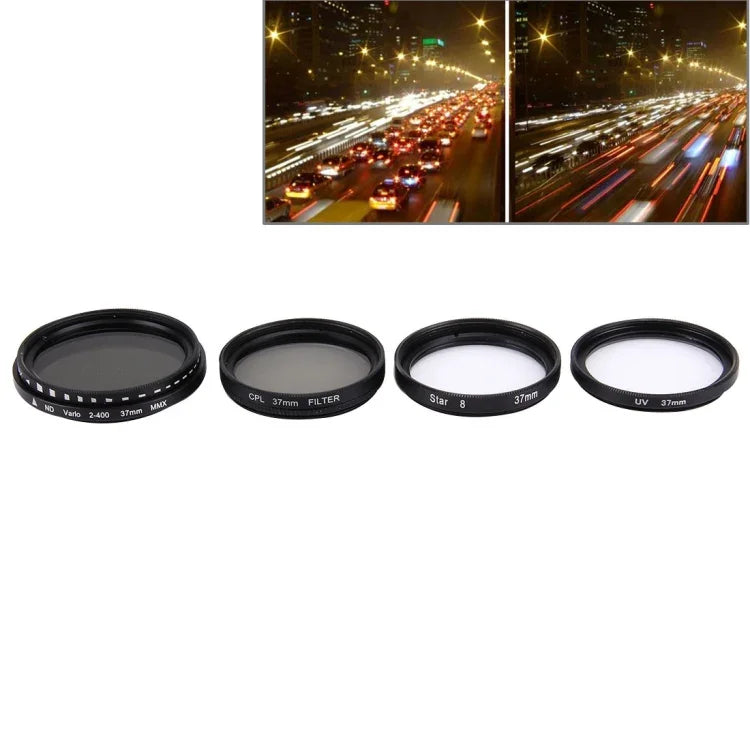 JUNESTAR 4-in-1 프로페셔널 37mm 렌즈 필터(CPL + UV + ND2-400 + 스타 8) GoPro & Xiaomi Xiaoyi Yi 스포츠 액션 카메라용, 4-in-1 37mm 렌즈
