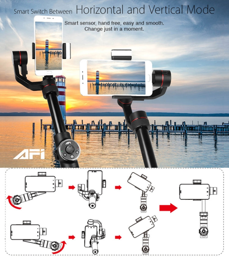 AFI V5 부드러운 3축 핸드헬드 알루미늄 무브러시 짐벌 안정기, 삼각대 마운트 및 보조 조명 포함, 6인치 이하 스마트폰용, 얼굴 추적 지원