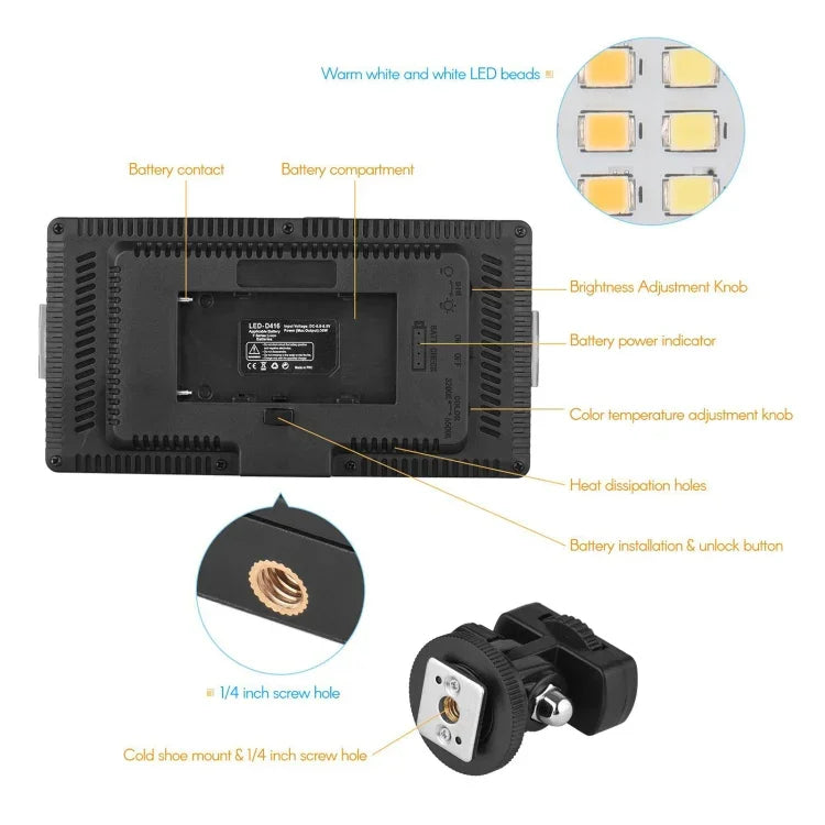 LED01 416 LED 3600LM 전문 브이로깅 사진 및 비디오 스튜디오 조명, 캐논 / 니콘 DSLR 카메라용, 416 LED