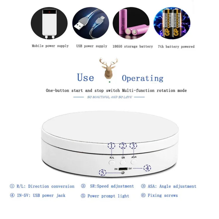 13.8cm USB 충전 스마트 360도 회전 턴테이블 디스플레이 스탠드 비디오 촬영 소품 턴테이블, 최대 하중 3kg