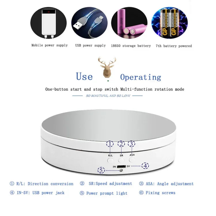 13.8cm 미러 스타일 USB 충전 스마트 360도 회전 턴테이블 디스플레이 스탠드 비디오 촬영 소품 턴테이블, 최대 하중 3kg, 13.8cm 미러/USB(W) 전원 공급