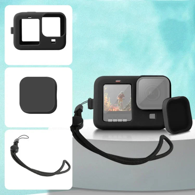 GoPro HERO10 Black / HERO9 Black용 실리콘 보호 케이스 커버 손목 스트랩 및 렌즈 커버 포함, GoPro HERO10 Black용