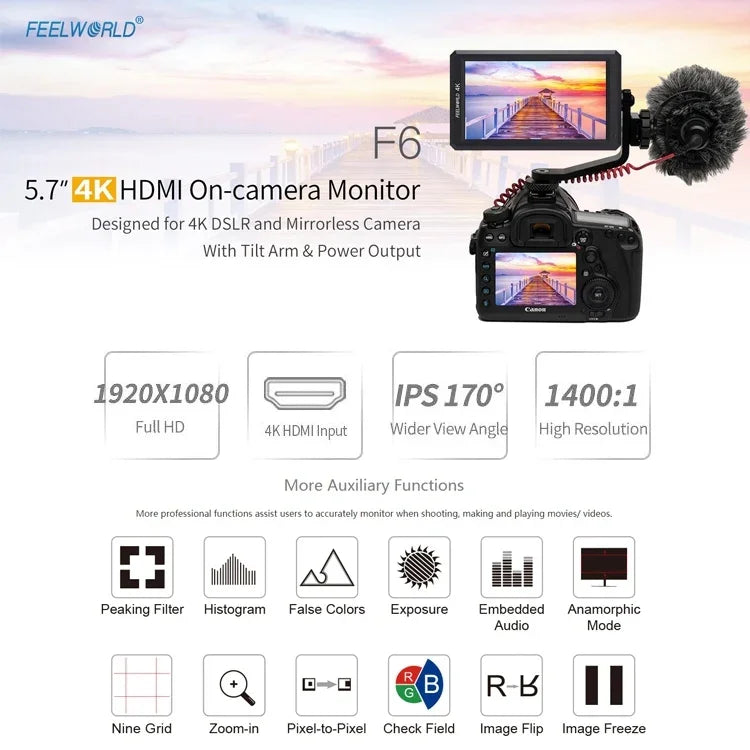 FEELWORLD F6 1920x1080 5.5인치 IPS 스크린 HDMI 4K 카메라 필드 모니터, F6