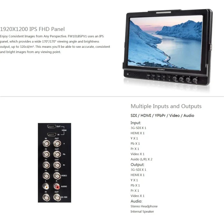 FEELWORLD FW1018SPV1 1920x1200 10.1인치 IPS 스크린 HD 컬러 LCD 감독용 카메라 필드 모니터, FW1018SPV1