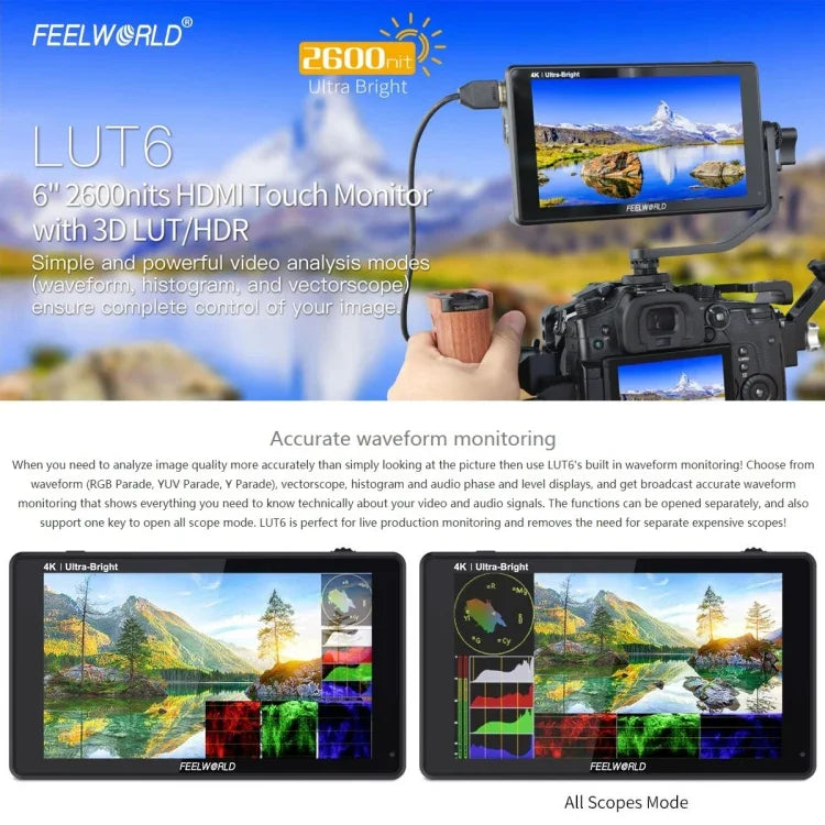 FEELWORLD LUT6 1920x1080 2600 니트 6인치 IPS 스크린 HDMI 4K 터치 컨트롤 카메라 필드 모니터, LUT6