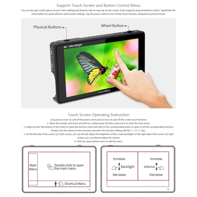 FEELWORLD LUT6 1920x1080 2600 니트 6인치 IPS 스크린 HDMI 4K 터치 컨트롤 카메라 필드 모니터, LUT6