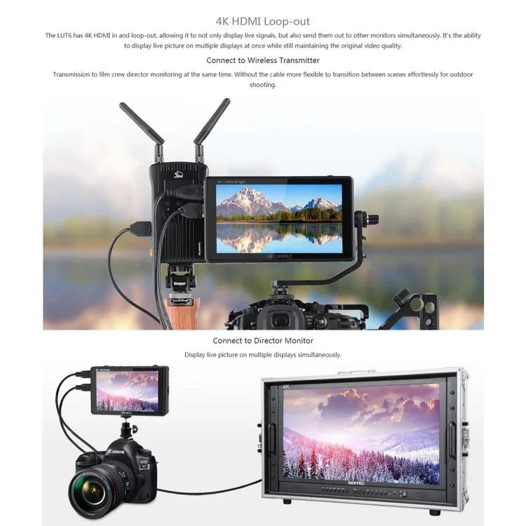 FEELWORLD LUT6 1920x1080 2600 니트 6인치 IPS 스크린 HDMI 4K 터치 컨트롤 카메라 필드 모니터, LUT6