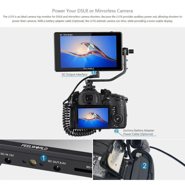 FEELWORLD LUT6 1920x1080 2600 니트 6인치 IPS 스크린 HDMI 4K 터치 컨트롤 카메라 필드 모니터, LUT6