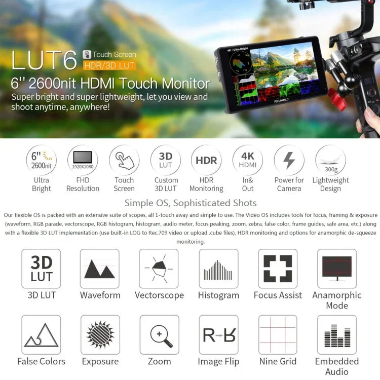 FEELWORLD LUT6 1920x1080 2600 니트 6인치 IPS 스크린 HDMI 4K 터치 컨트롤 카메라 필드 모니터, LUT6