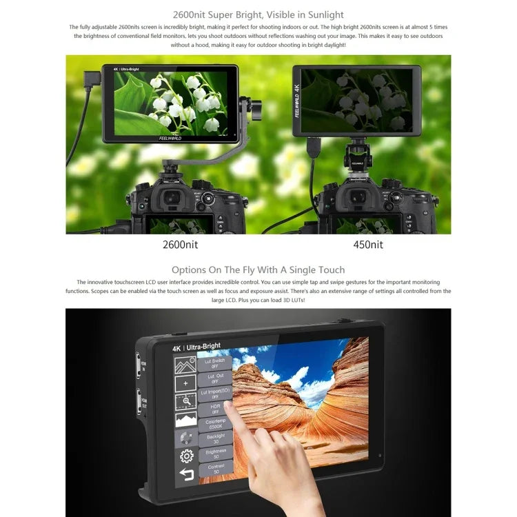 FEELWORLD LUT6 1920x1080 2600 니트 6인치 IPS 스크린 HDMI 4K 터치 컨트롤 카메라 필드 모니터, LUT6