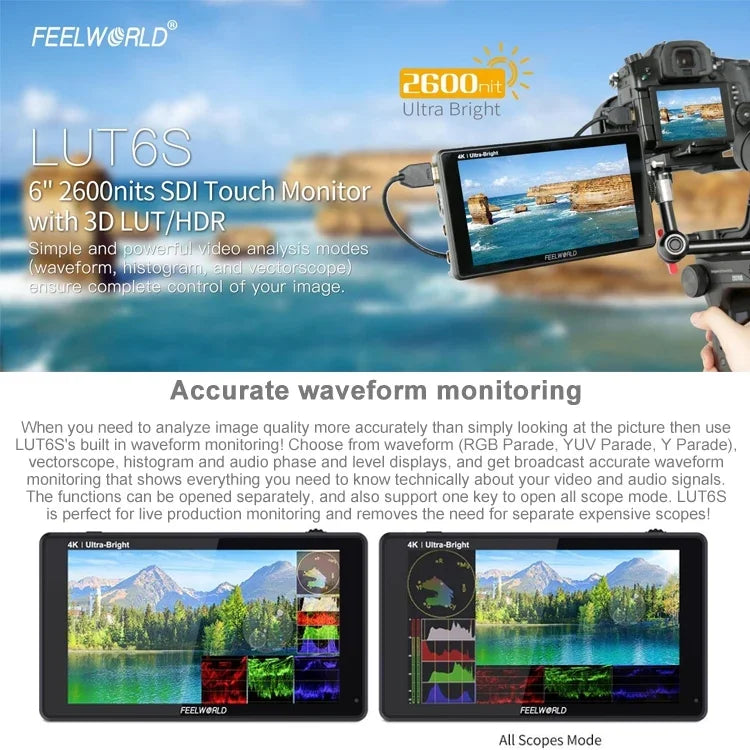 FEELWORLD LUT6S 1920x1080 2600 니트 6인치 IPS 스크린 HDMI 4K 터치 스크린 SDI HDI 카메라 필드 모니터, LUT6S