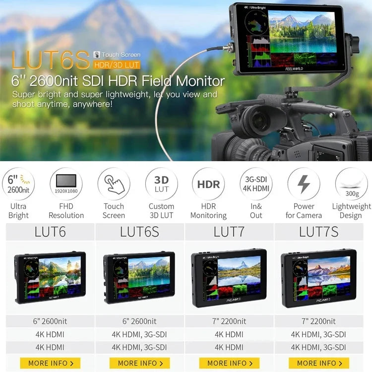 FEELWORLD LUT6S 1920x1080 2600 니트 6인치 IPS 스크린 HDMI 4K 터치 스크린 SDI HDI 카메라 필드 모니터, LUT6S