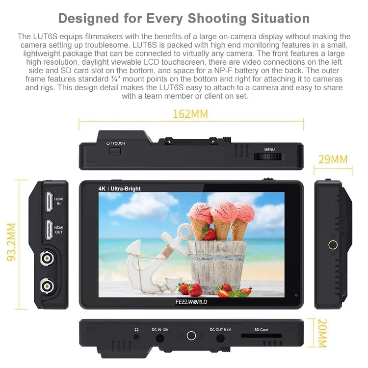 FEELWORLD LUT6S 1920x1080 2600 니트 6인치 IPS 스크린 HDMI 4K 터치 스크린 SDI HDI 카메라 필드 모니터, LUT6S