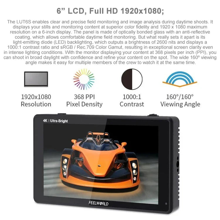 FEELWORLD LUT6S 1920x1080 2600 니트 6인치 IPS 스크린 HDMI 4K 터치 스크린 SDI HDI 카메라 필드 모니터, LUT6S