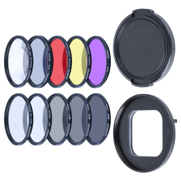RUIGPRO GoPro HERO10 Black / HERO9 Black 프로페셔널 52mm 10 in 1 UV+ND2+ND4+ND8+Star 8+ +CPL+노랑/빨강/보라+10배 클로즈업 렌즈 필터 필터 어댑터 링 및 렌즈 캡 포함