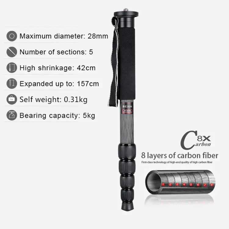 BEXIN MCS285 휴대용 여행용 야외 DSLR 카메라 탄소 섬유 모노포드 홀더, MCS285