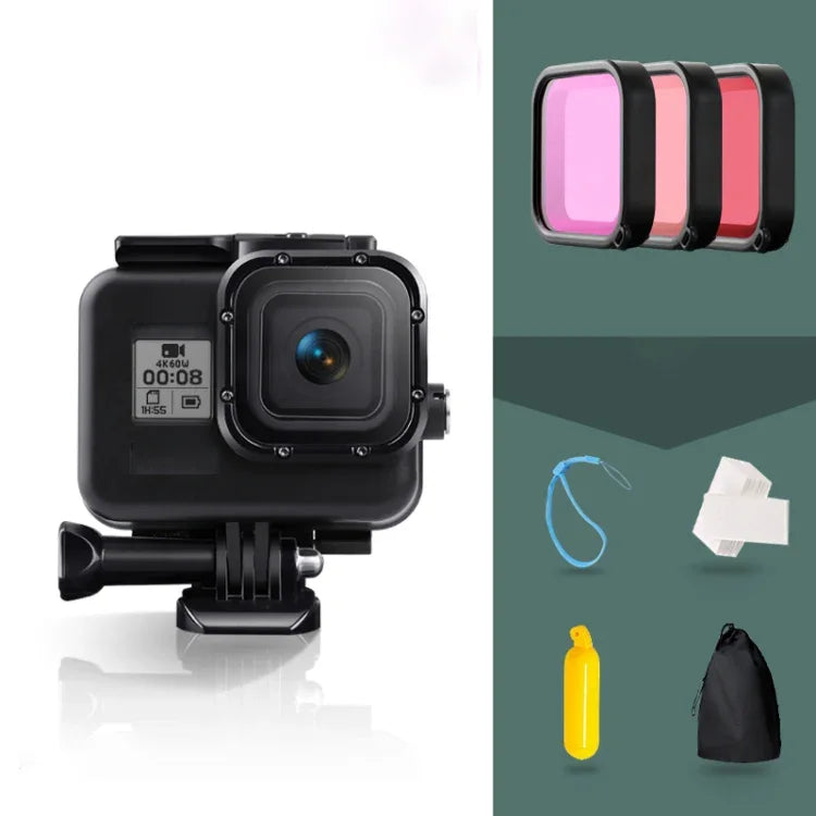 GoPro HERO8 Black 45m 방수 하우징 보호 케이스, 버클 기본 마운트 & 나사 & (보라, 빨강, 분홍) 필터 & 플로팅 보버 그립 & 스트랩 & 김서림 방지 인서트 포함, 투명 HERO8 케이스+필터