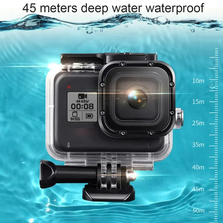 GoPro HERO8 Black 45m 방수 하우징 보호 케이스, 버클 기본 마운트 & 나사 & (보라, 빨강, 분홍) 필터 & 플로팅 보버 그립 & 스트랩 & 김서림 방지 인서트 포함, 투명 HERO8 케이스+필터