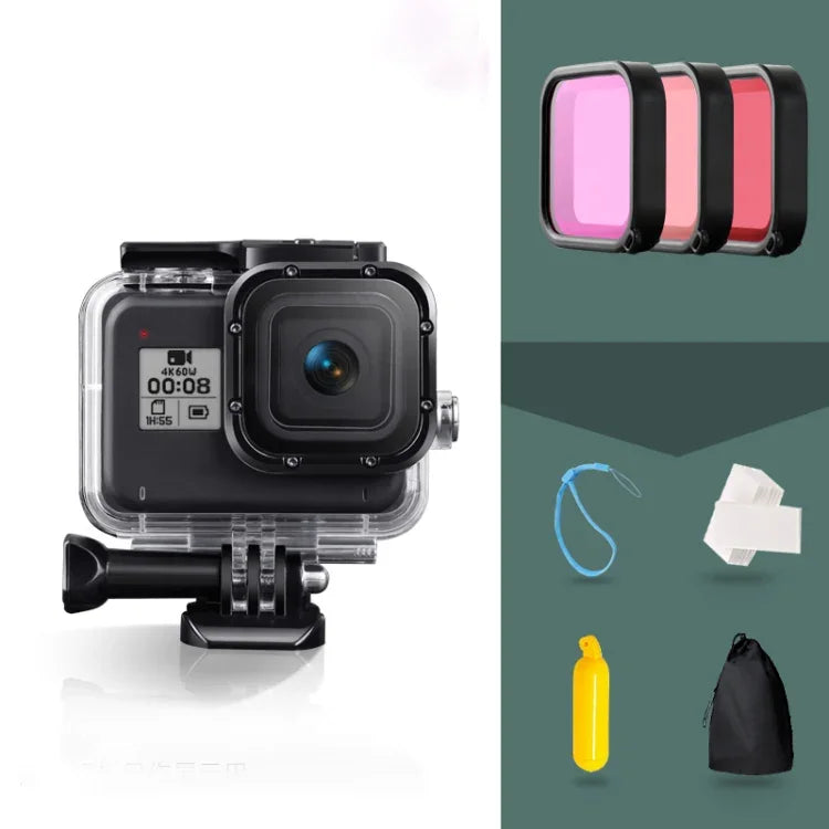 GoPro HERO8 Black 45m 방수 하우징 보호 케이스 버클 기본 마운트 & 나사 & (보라, 빨강, 분홍) 필터 & 플로팅 보버 그립 & 스트랩 & 김서림 방지 인서트 포함, 검정 HERO8 케이스+필터