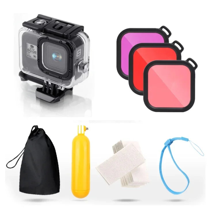 GoPro HERO8 Black 45m 방수 하우징 보호 케이스 버클 기본 마운트 & 나사 & (보라, 빨강, 분홍) 필터 & 플로팅 보버 그립 & 스트랩 & 김서림 방지 인서트 포함, 검정 HERO8 케이스+필터