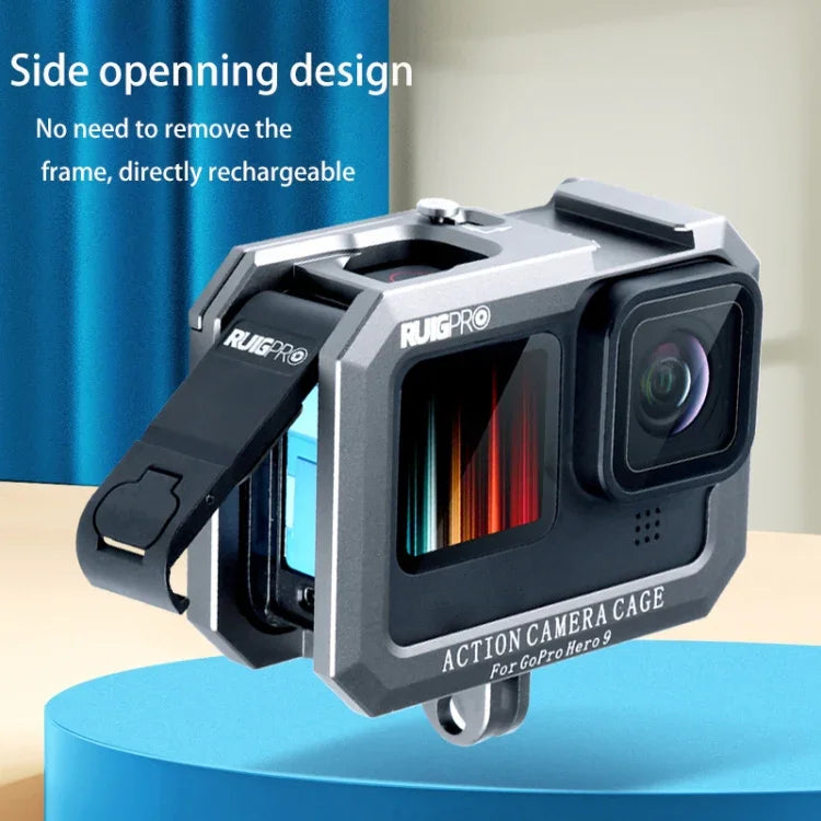 RUIGPRO GoPro HERO10 Black / HERO9 Black 메탈 테두리 프레임 마운트 보호 케이지 듀얼 콜드 슈 베이스 포함, 실버 그레이