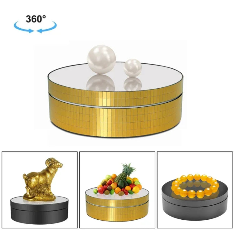 12cm 360도 회전 턴테이블 미러 전동 디스플레이 스탠드 영상 촬영 소품 턴테이블, 하중: 3kg, 12cm 미러 스팽글 골드, 12cm 미러 스팽글 실버