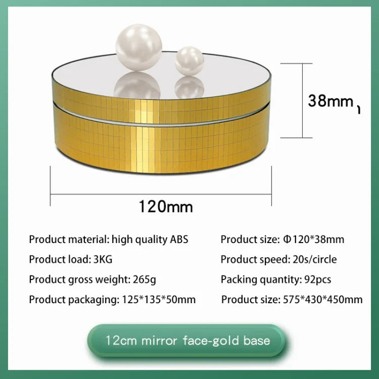 12cm 360도 회전 턴테이블 미러 전동 디스플레이 스탠드 영상 촬영 소품 턴테이블, 하중: 3kg, 12cm 미러 스팽글 골드, 12cm 미러 스팽글 실버