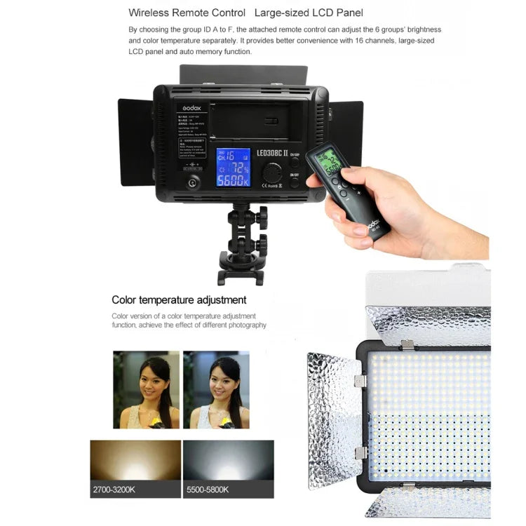 Godox LED308C II 308LED 조광 가능한 사진 조명 860LUX 전문 브이로깅 비디오 및 사진 스튜디오 조명 Canon / Nikon DSLR 카메라용