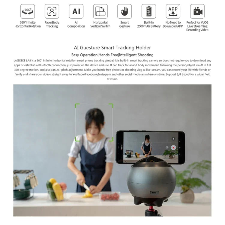 LAIZESKE LA8 스마트 로봇 카메라맨 360도 자동 추적 휴대폰 홀더, LA8