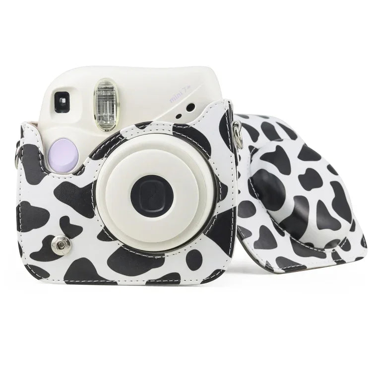 우유 소 무늬 전신 PU 가죽 케이스 카메라 가방 스트랩 포함 FUJIFILM instax mini 7+용, 우유 소 무늬