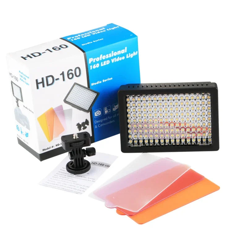 HD-160 화이트 라이트 LED 비디오 라이트 온카메라 사진 조명 보조광, 캐논, 니콘 DSLR 카메라용 3개 필터 플레이트 포함, HD-160