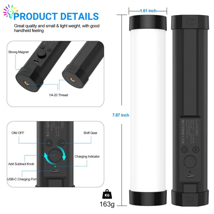 LUXCeO P100 RGB 사진 비디오 라이트 스틱 핸드헬드 보조 조명 리모컨 포함, P100