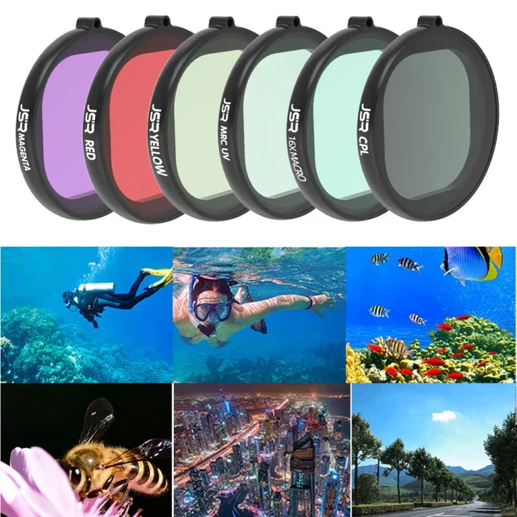 JSR 라운드 하우징 다이빙 6-in-1 UV + CPL + 16배 매크로 + 레드 + 옐로우 + 퍼플 렌즈 필터 GoPro HERO8 블랙용, 6-in-1 렌즈