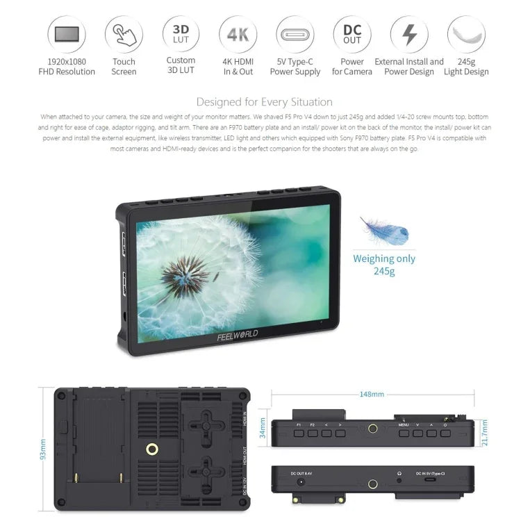 FEELWORLD F5 Pro V4 6 inch Touch Screen DSLR Camera Field Monitor 3D LUT 4K HDMI Input Output Tilt Arm, F5 Pro V4
