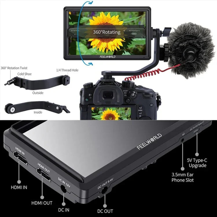 FEELWORLD FW568 V3 6인치 3D LUT DSLR 카메라 필드 모니터, IPS 풀 HD 1920 x 1152, HDMI 입출력 틸트 암 지원