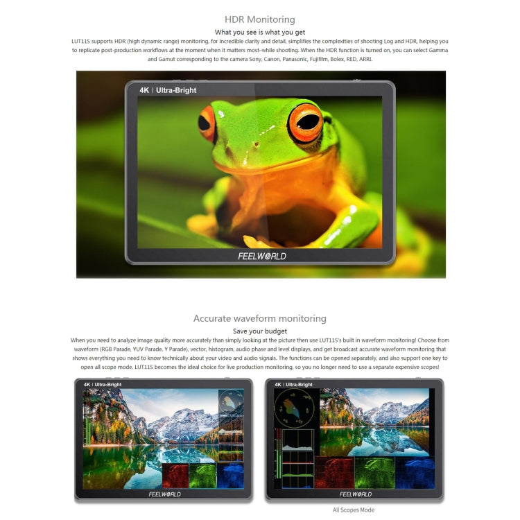 FEELWORLD LUT11S 10.1인치 초고휘도 2000니트 터치 스크린 DSLR 카메라 필드 모니터, 3G-SDI 4K HDMI 입출력 1920 x 1200 IPS 패널, LUT11S