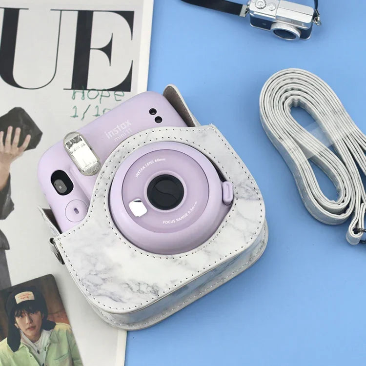 FUJIFILM instax mini 11 / 9 / 8 대리석 풀 바디 가죽 케이스 카메라 가방 스트랩 포함