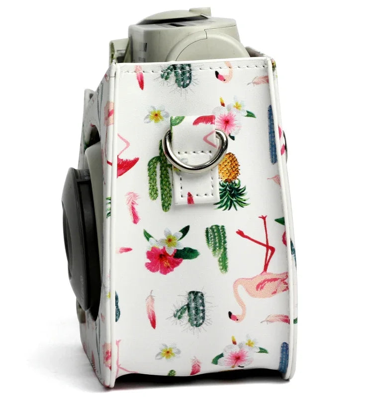 플라밍고 선인장 패턴 PU 가죽 보호 카메라 케이스 가방, FUJIFILM Instax Mini 7S / 7C 카메라용, 플라밍고 선인장