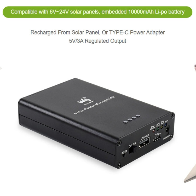 Waveshare 태양광 전원 관리자, 내장 10000mAh 리튬 폴리머 배터리, 6V~24V 태양광 패널 지원, 19799
