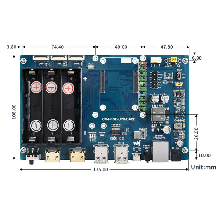 Waveshare PoE UPS 베이스 보드, 라즈베리 파이 CM4용, 기가비트 이더넷, 듀얼 HDMI, 쿼드 USB 2.0, PoE UPS 베이스 보드
